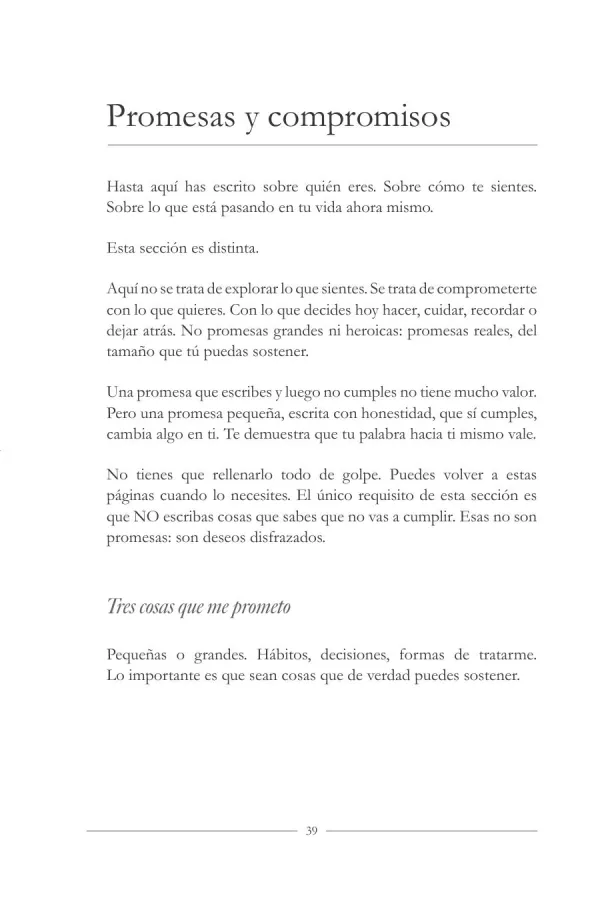 “Promises and commitments” page from the Letter to the Future journal: a text inviting you to commit to real promises, the size you can keep, and the section “Three things I promise myself”